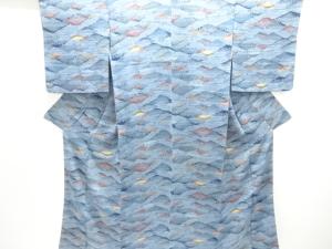 縮緬地　型染　遠山に花模様小紋着物